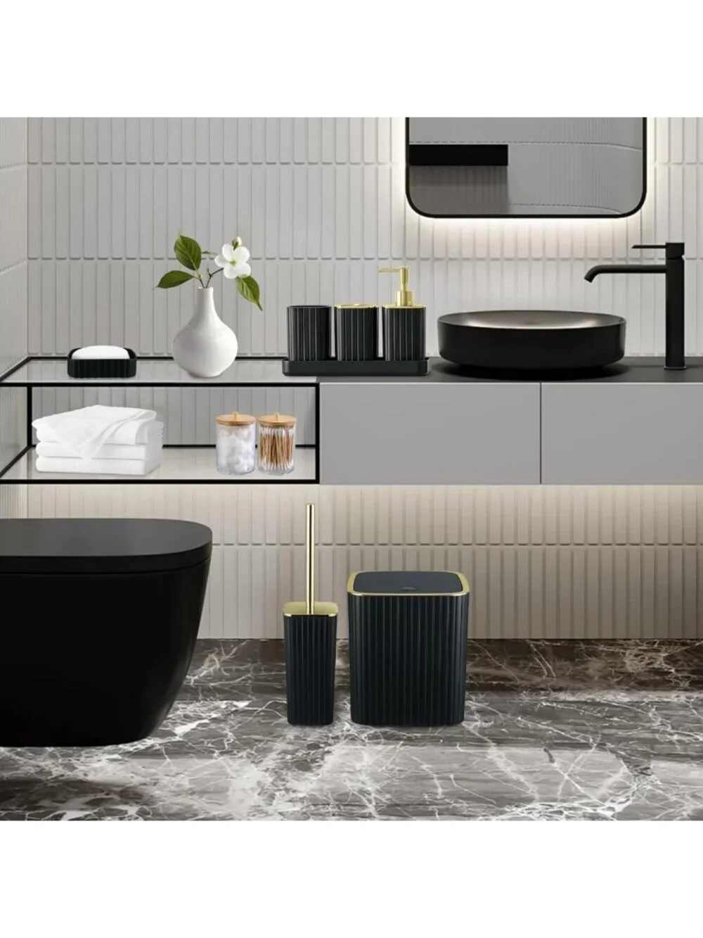 9PC Black & Gold Bathroom Accessories Set - Trash Can, Soap Dispenser & More